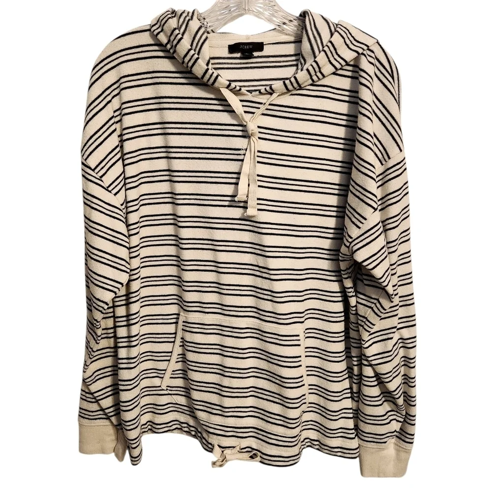 J. Crew | Women's Cream and Black Striped Hoodie Pullover (Size Large)